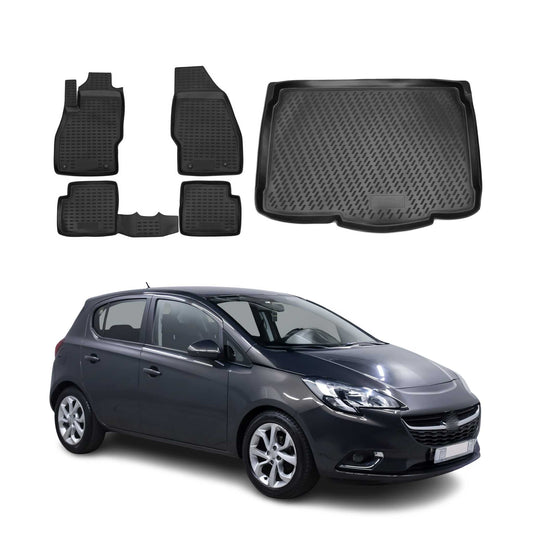 Set covorașe și tapițerie portbagaj pentru Opel Corsa 2014-2019, cauciuc TPE, negru, 5x