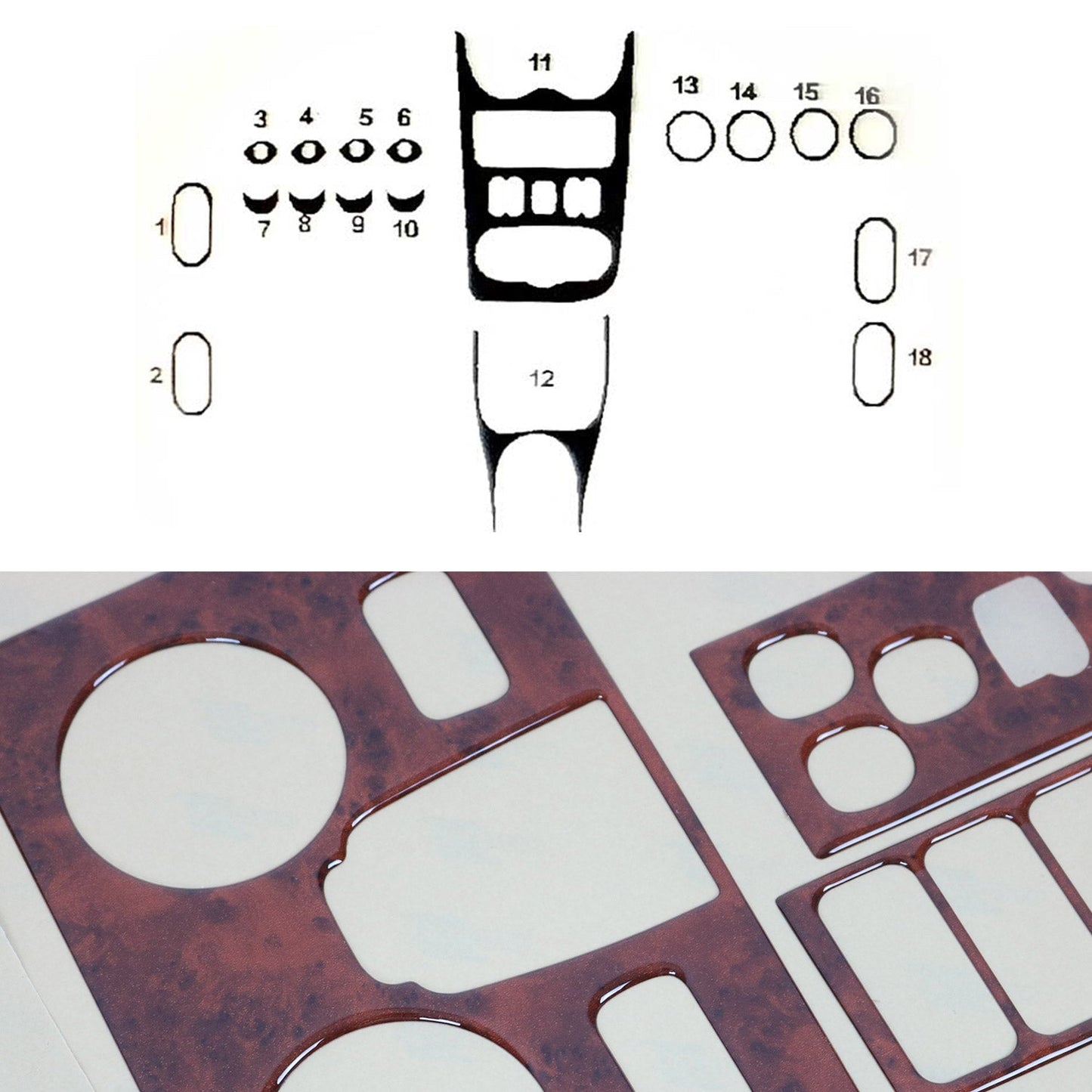 Ornamente interioare cockpit pentru Dacia Duster 2010-2012, aspect lemn, 18x
