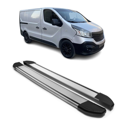 Praguri laterale/scarpe din aluminiu pentru Renault Trafic 2014-2024 ampatament scurt, argintii, set 2 piese