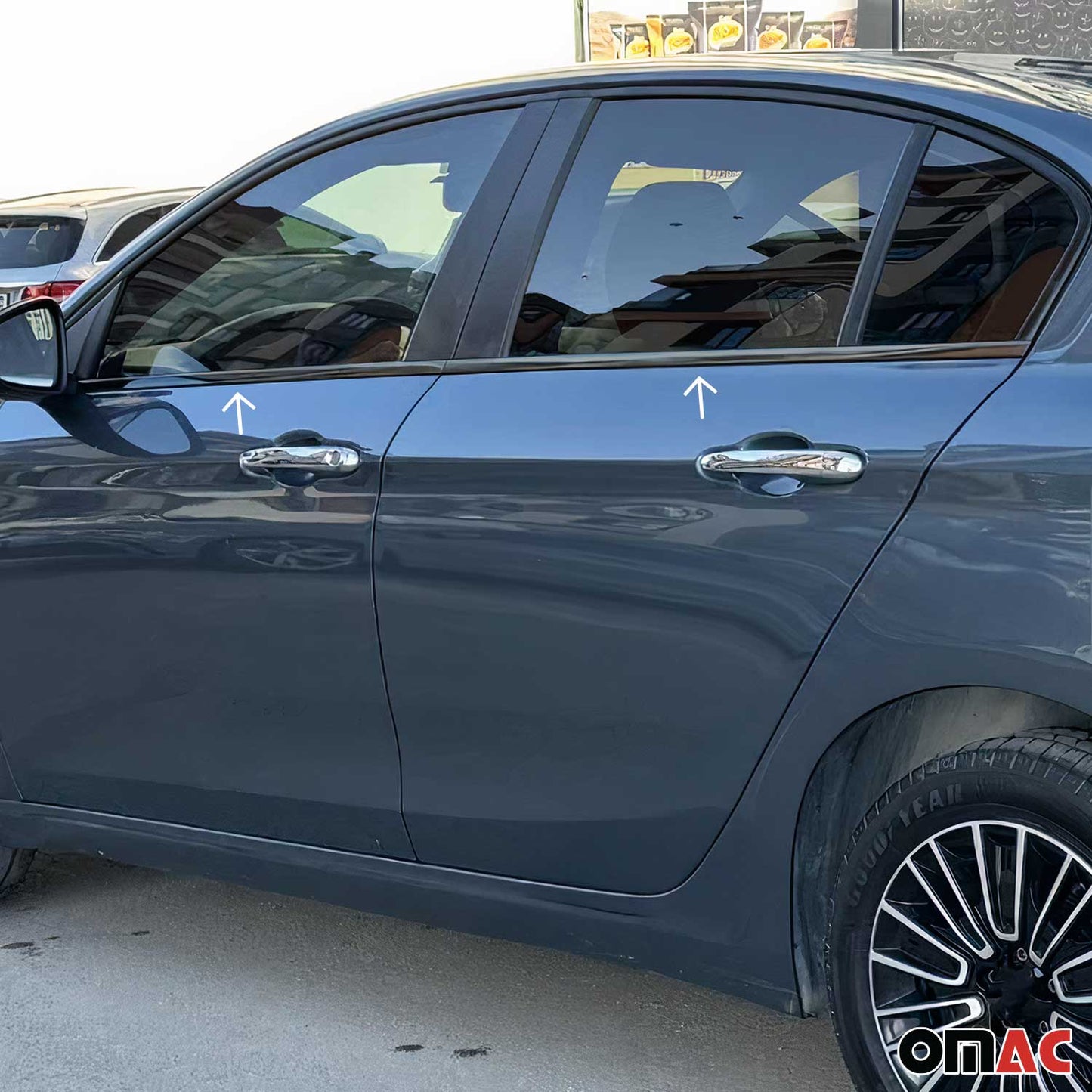 Ornamente/ramă geam pentru Fiat Tipo 2015-2025, oțel inoxidabil, finisaj lucios închis, 4x