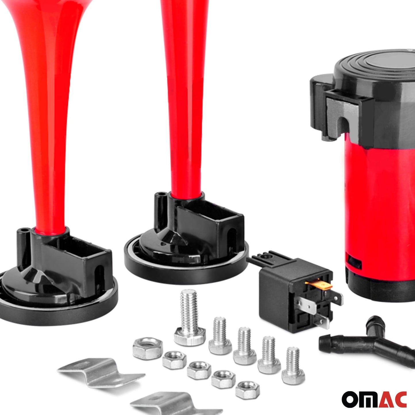 Kompresor pneumatyczny 12 V 115 dB, czerwony, z 2 trąbkami, do samochodów osobowych, ciężarowych i ciężarówek, z certyfikatem E-Mark