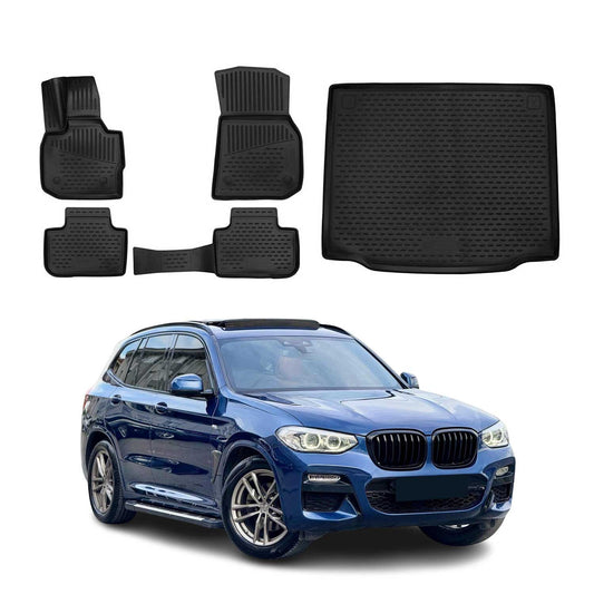Set covorașe și tapițerie portbagaj pentru BMW X3 G01 2017-2024, cauciuc TPE, negru, 5x
