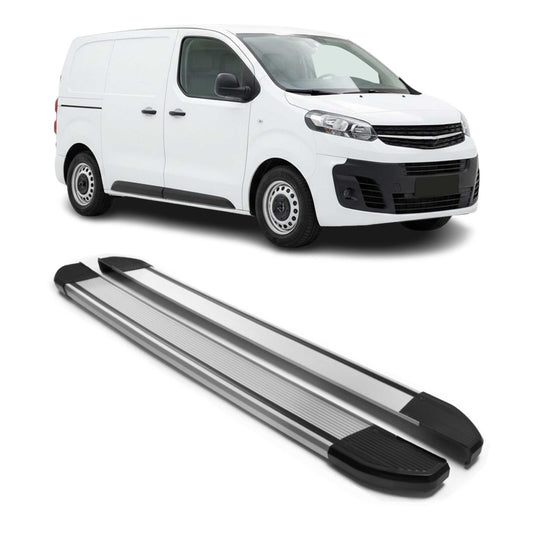 Praguri laterale/scarpe din aluminiu pentru Opel Vivaro 2019-2025 ampatament scurt, argintii, set 2 piese