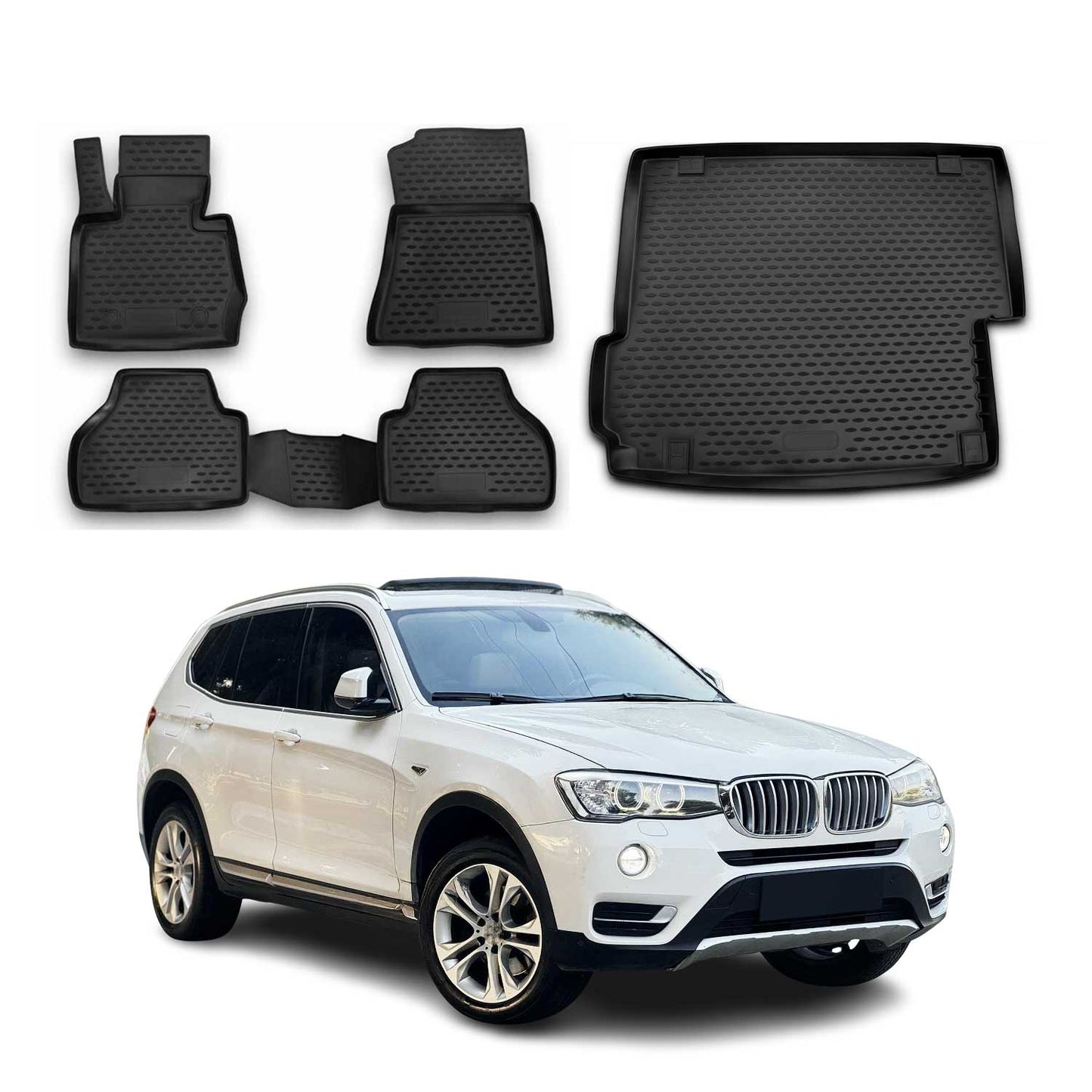 Set covorașe și tapițerie portbagaj pentru BMW X3 F25 2010-2017, cauciuc TPE, negru, 5x