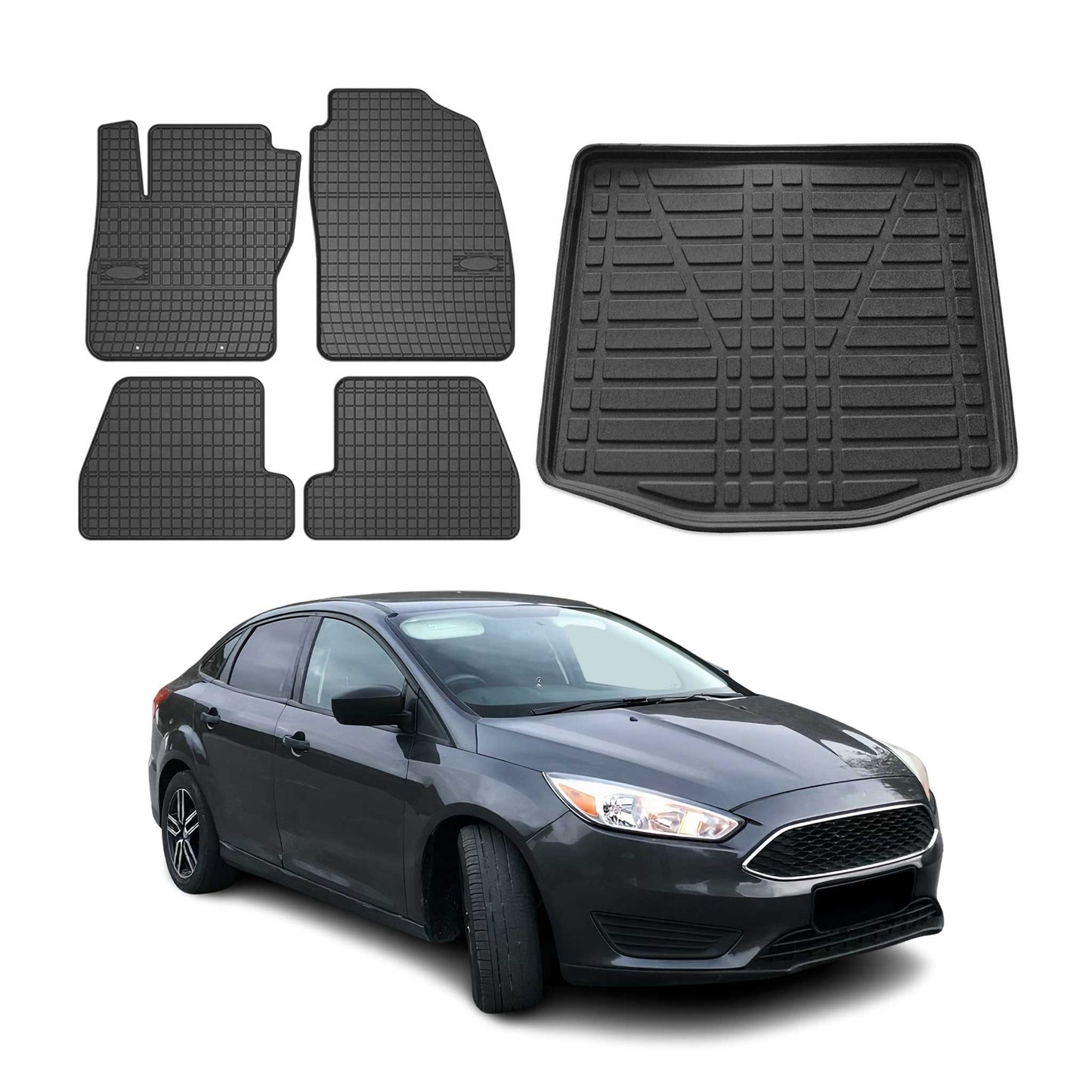 Set covorașe și portbagaj pentru Ford Focus mk3 2011-2018 Limuzină, cauciuc, 5 buc.