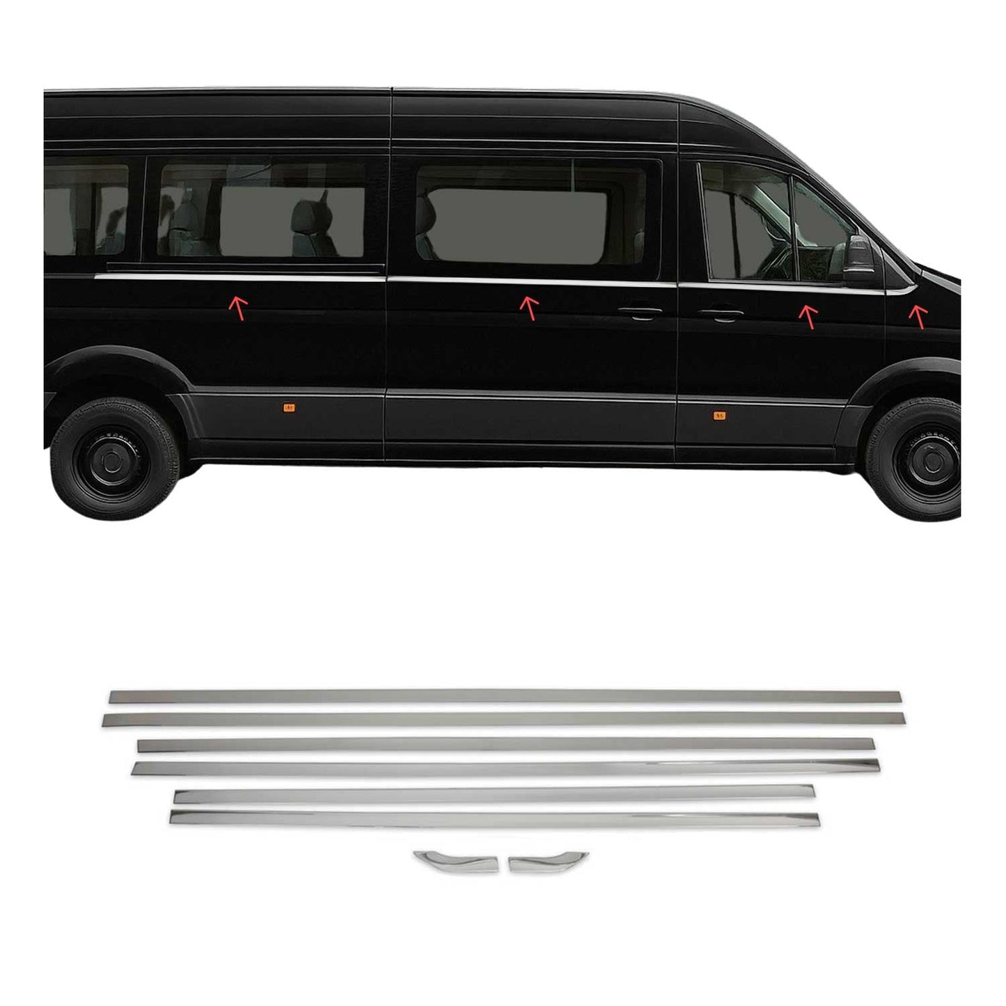 Benzi decorative pentru geamuri pentru VW Crafter 2017-2025 ampatament L2, oțel inoxidabil, set 8 piese