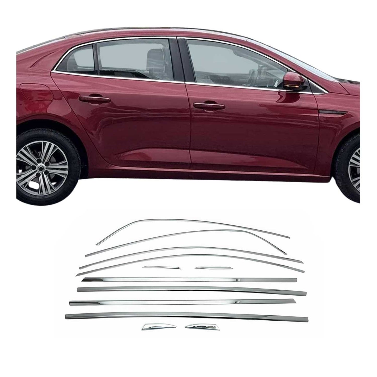 Benzi decorative pentru geamuri Renault Megane Sedan 2016-2025, oțel inoxidabil cromat, 12 buc.