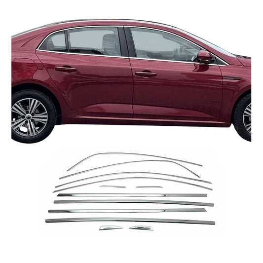 Benzi decorative pentru geamuri Renault Megane Sedan 2016-2025, oțel inoxidabil cromat, 12 buc.