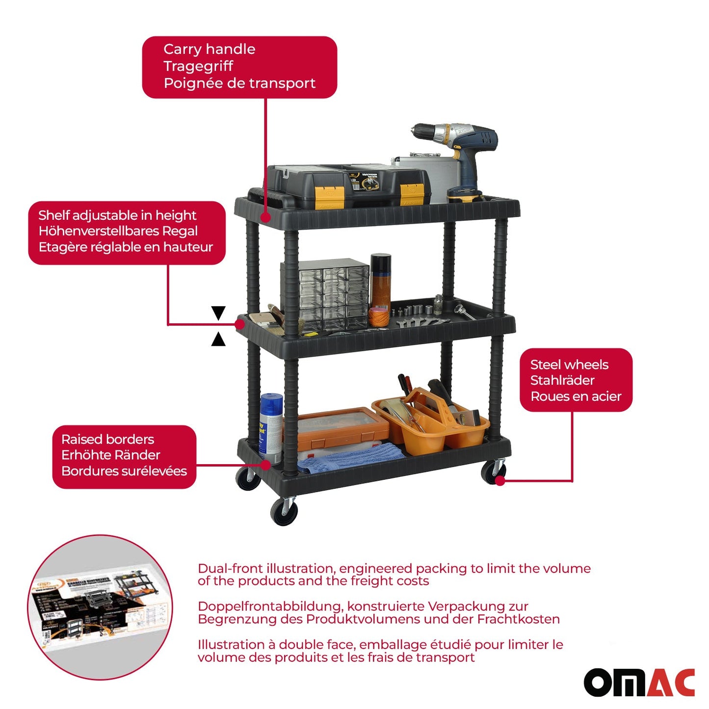Rollwagen 3 Etagen Rollen Trolley Werkstattwagen Montagewagen Schwarz 40 kg
