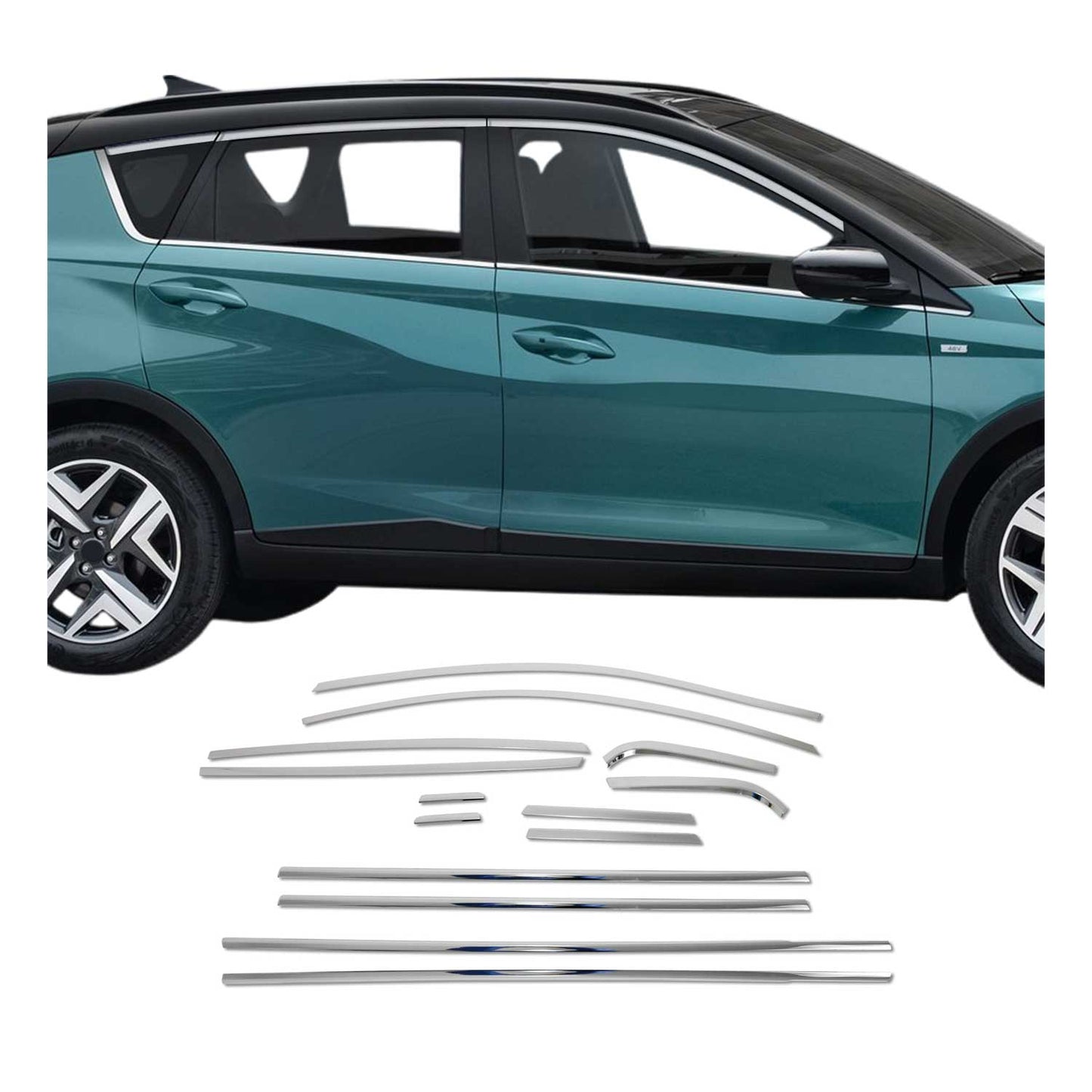 Benzi decorative pentru geamuri pentru Hyundai Bayon 2021-2025, oțel inoxidabil cromat, 14 bucăți