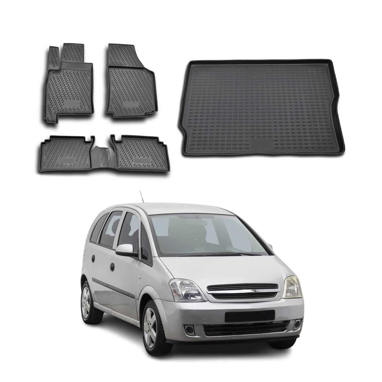 Set covorașe și tapițerie portbagaj pentru Opel Meriva 2003-2009, cauciuc TPE, negru, 5x