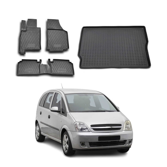 Set covorașe și tapițerie portbagaj pentru Opel Meriva 2003-2009, cauciuc TPE, negru, 5x