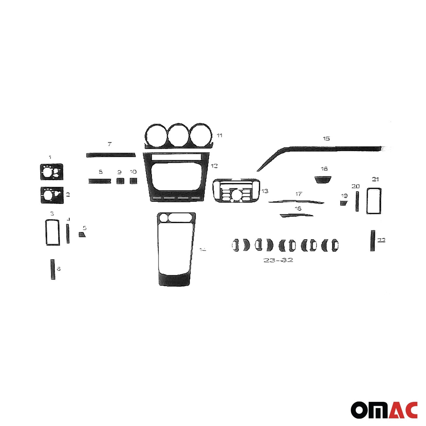 Ornamente interioare cockpit pentru Ford Transit Connect 2009-2014, aspect aluminiu, 32 bucăți