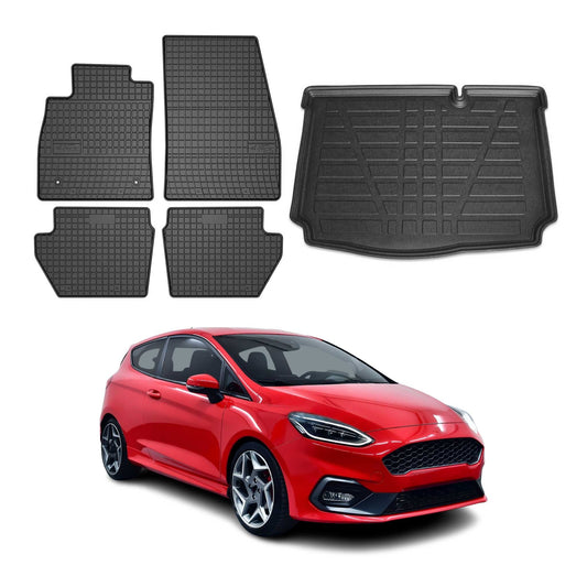 Set covorașe și portbagaj pentru Ford Fiesta 2018-2024 5 uși, cauciuc negru, 5 buc.