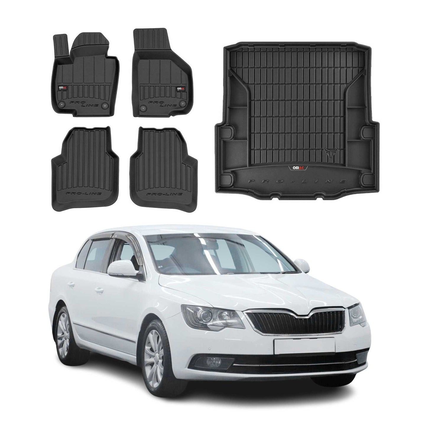 OMAC Fußmatten & Kofferraumwanne Set für Skoda Superb 2008-2015 Gummi Schwarz 5x