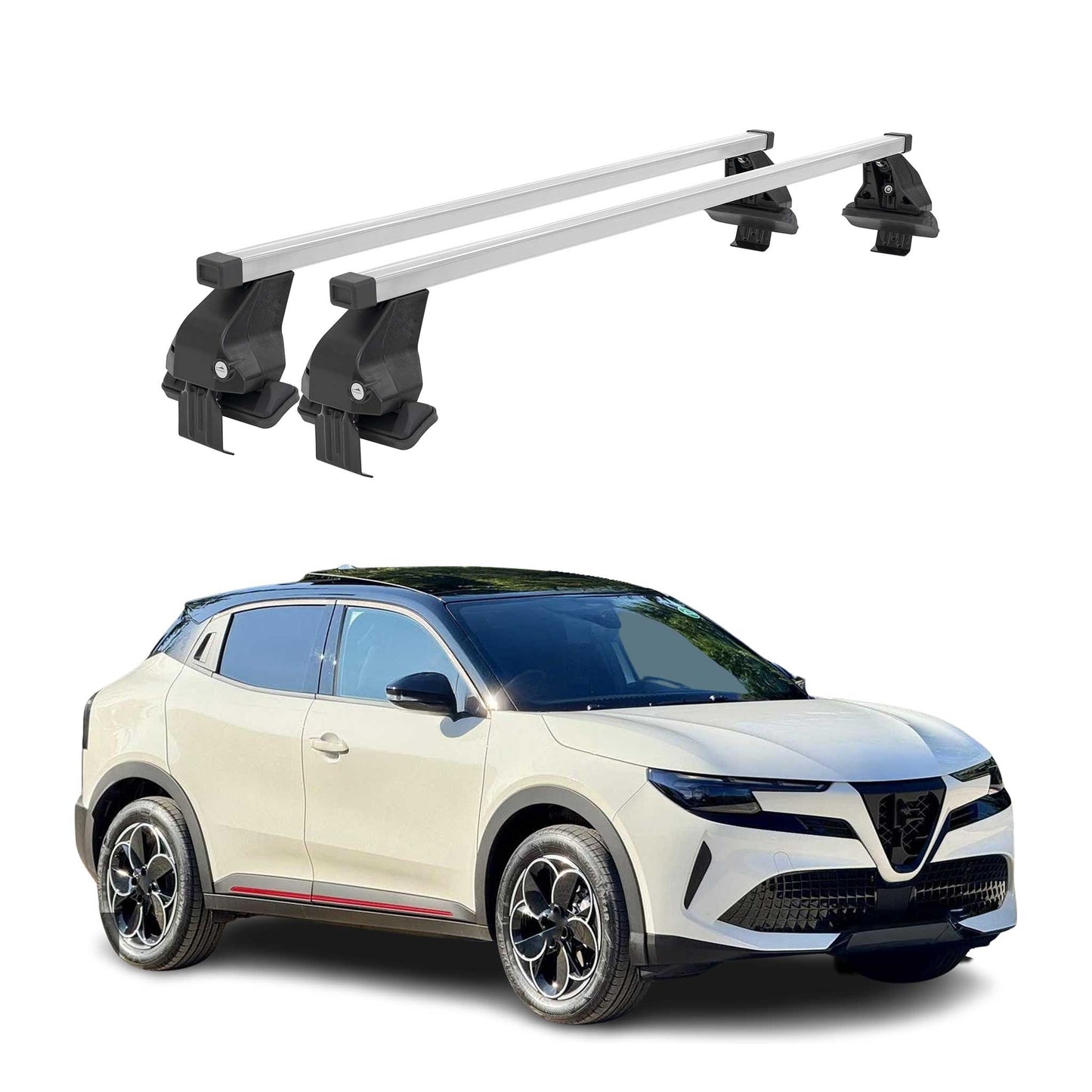 Bagażnik dachowy Menabo do Alfy Romeo Junior 2024-2025, stalowo-srebrny, 2-częściowy