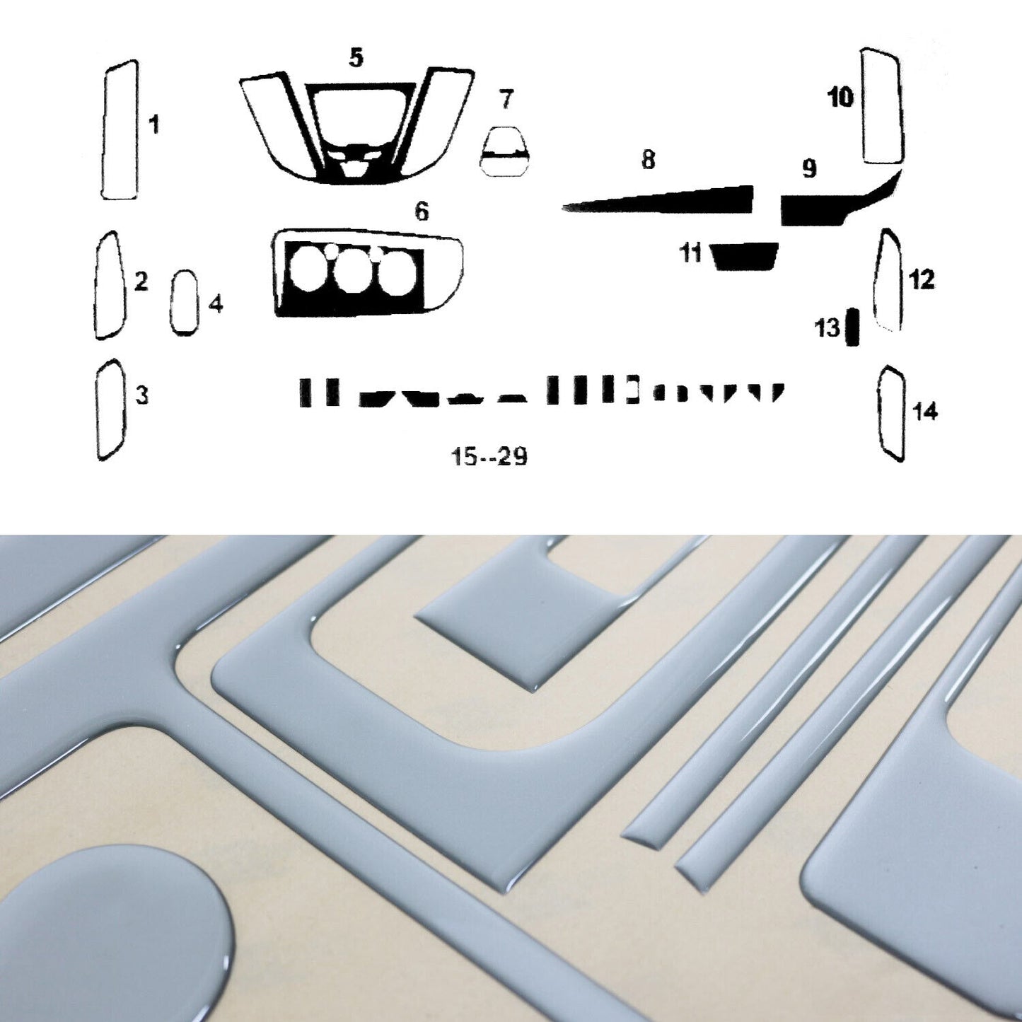 Ornamente interioare cockpit pentru Ford Transit 2014-2025, aspect aluminiu, 30 bucăți