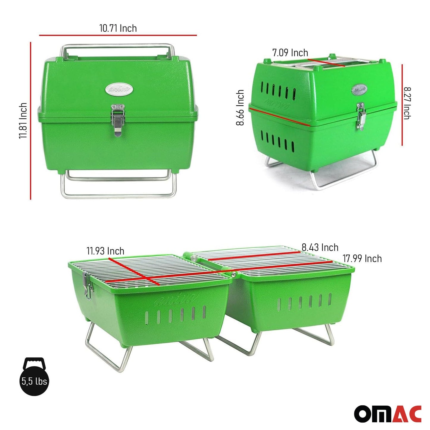 Grătar portabil pe cărbune, grătar de grădină, grătar de picnic verde, cu 13 piese