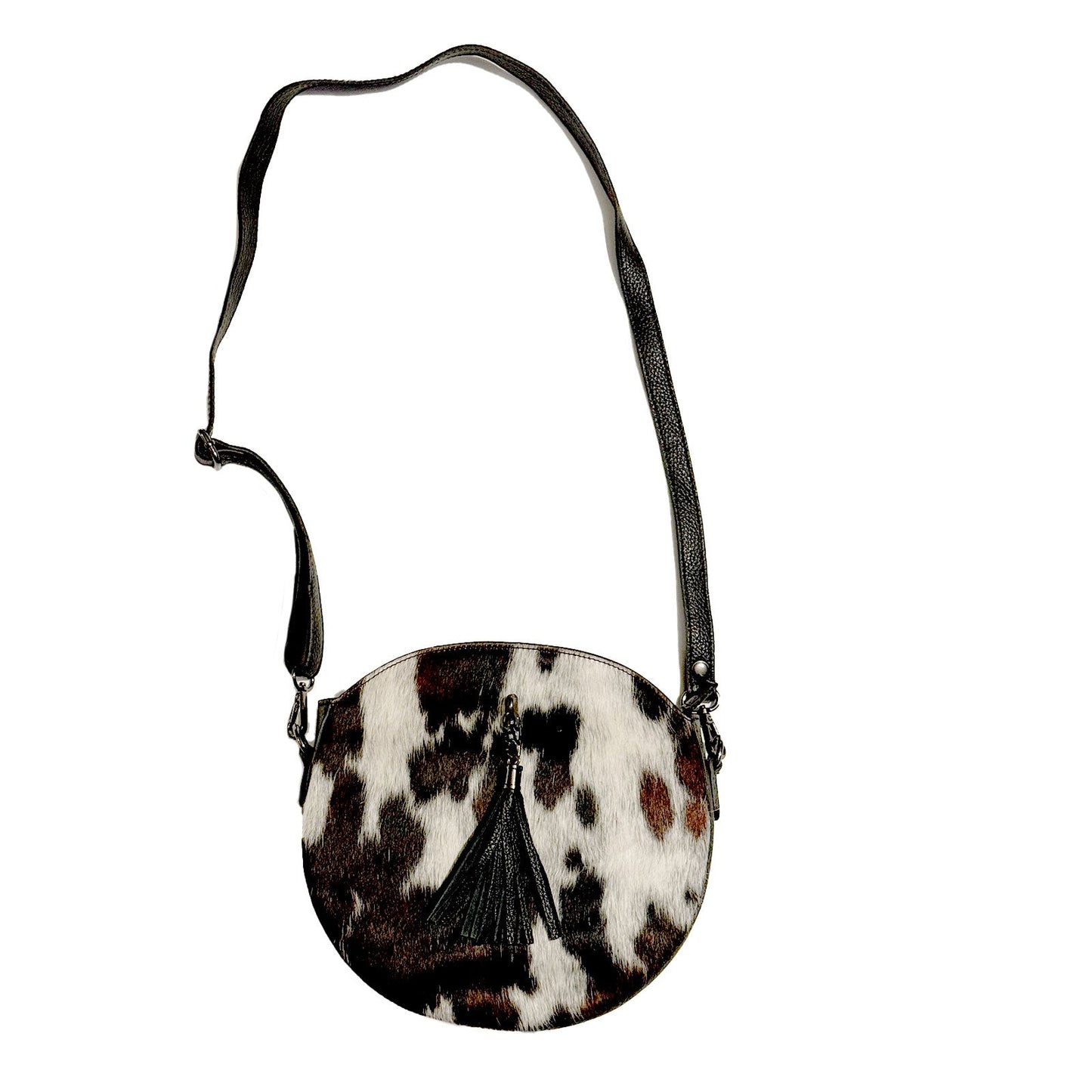 Kopie von Runde Umhänge Handtasche mit Kuhfell