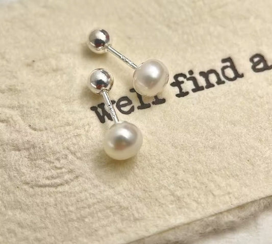 Cercei cu șurub din argint 925, mini perlă de apă dulce, 0,8 mm