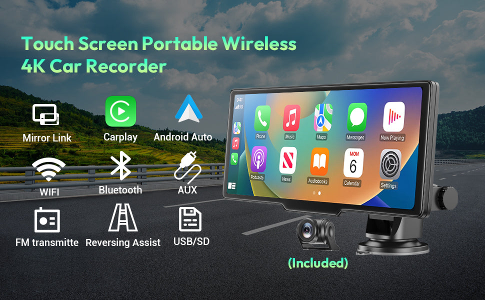 4K 10.26" Touchscreen Auto DVR Dashcam - Kabellos Apple CarPlay Android Auto Dual Lens Video Recorder