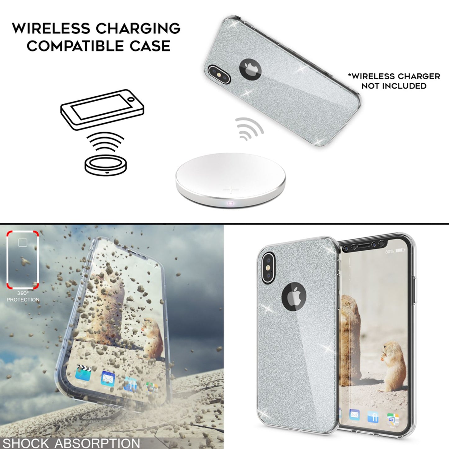 NALIA 360 Grad Hülle für Apple iPhone XS X Glitter Handy Cover Case Silikon Etui